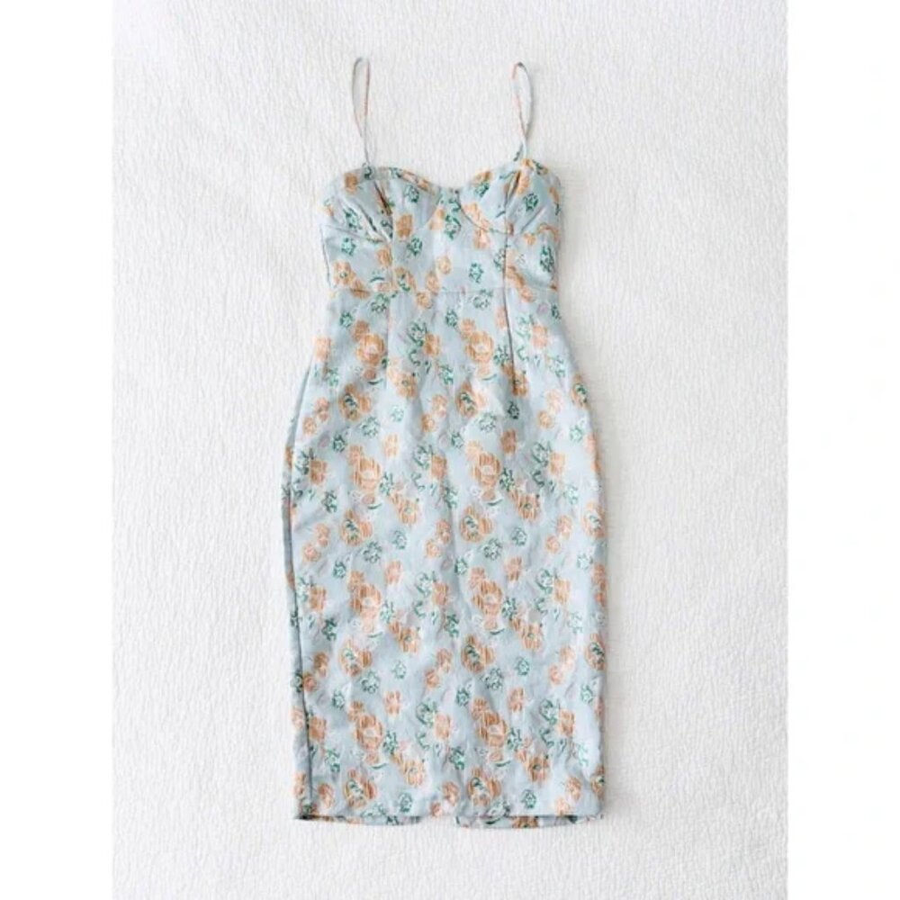NWT Lulus Enviable Aesthetic Light Blue Floral Jacquard Bustier Midi Dress